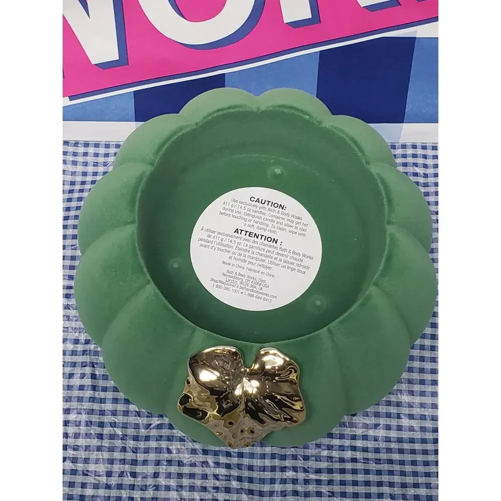 BBW Green Flocked Velvet Pumpkin Large 3 Wick Candle Pedestal Holder